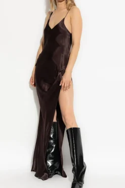 VETEMENTS BRĄZOWY Dluga satynowa sukienka z rozcięciem