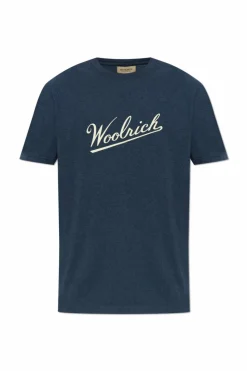 Woolrich GRANATOWY T-shirt z logo o aksamitnym wykończeniu